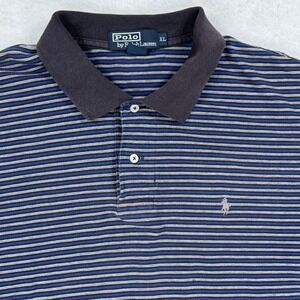 Polo Ralph Lauren VTG Mens XL Blue Black Striped Short Sleeve Cotton Polo Shirt